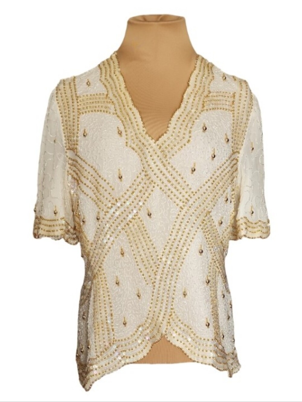 Vintage Laurence Kazar Silk Hand Beaded Ivory Gold Art Deco Top Blouse L